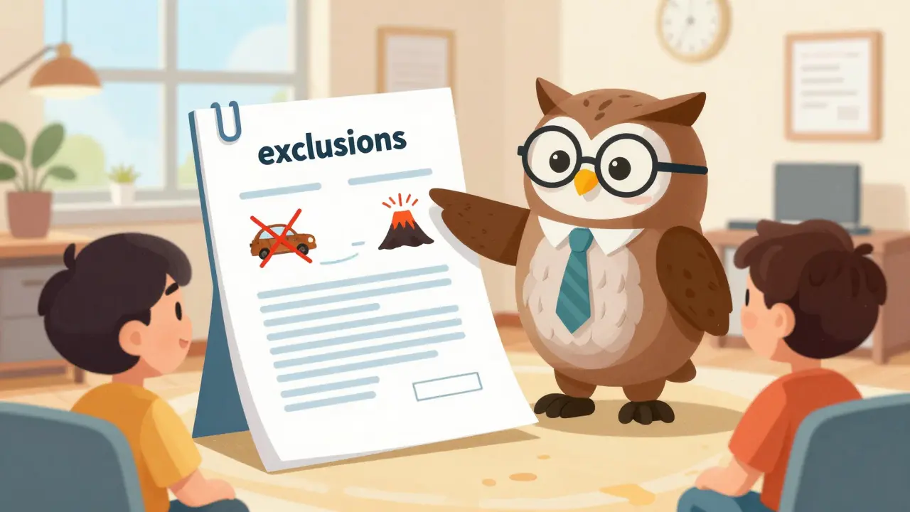 Мудрый филин-страховщик объясняет условия договора и исключения из покрытия