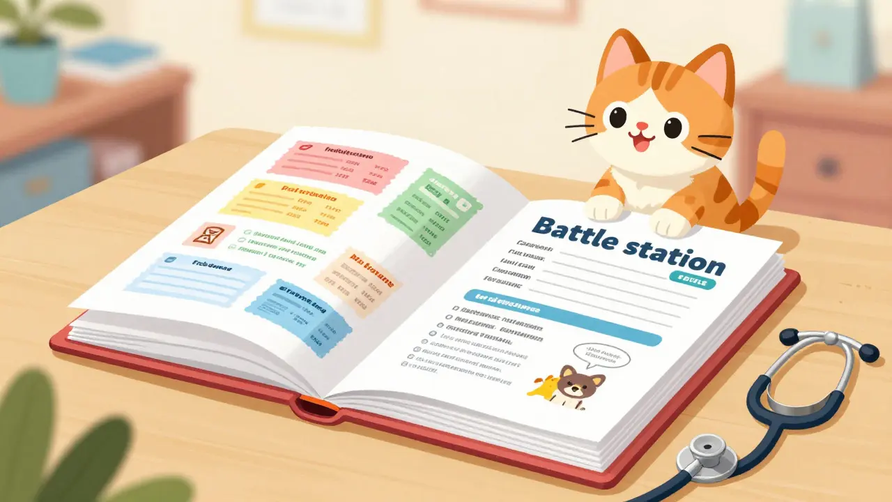 Папка с медицинскими документами и четами ветеринара, за которыми наблюдает любопытный котенок