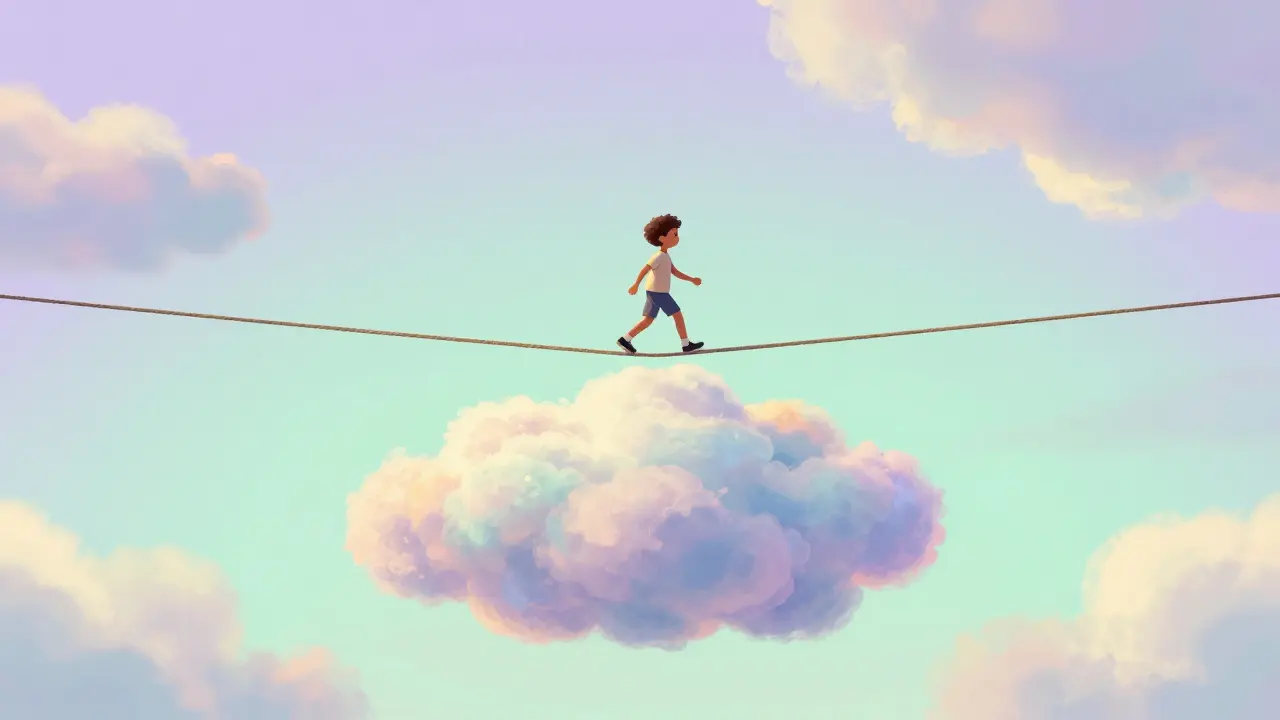 Персонаж на канате с мягким разноцветным облаком-сеткой под ним