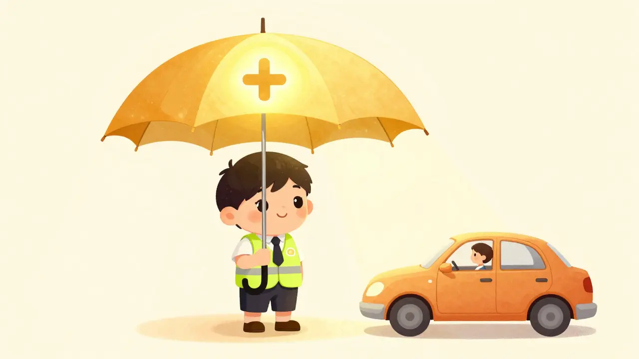 Персонаж-страховщик с огромным золотым зонтом, символизирующим дополнительную защиту ДСАГО.