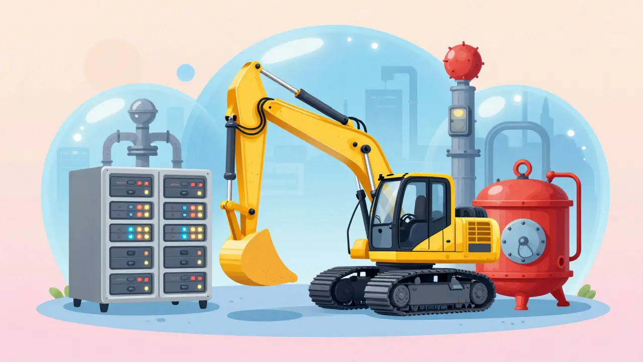 Разнообразное промышленное оборудование под защитным прозрачным куполом в стиле детской книги