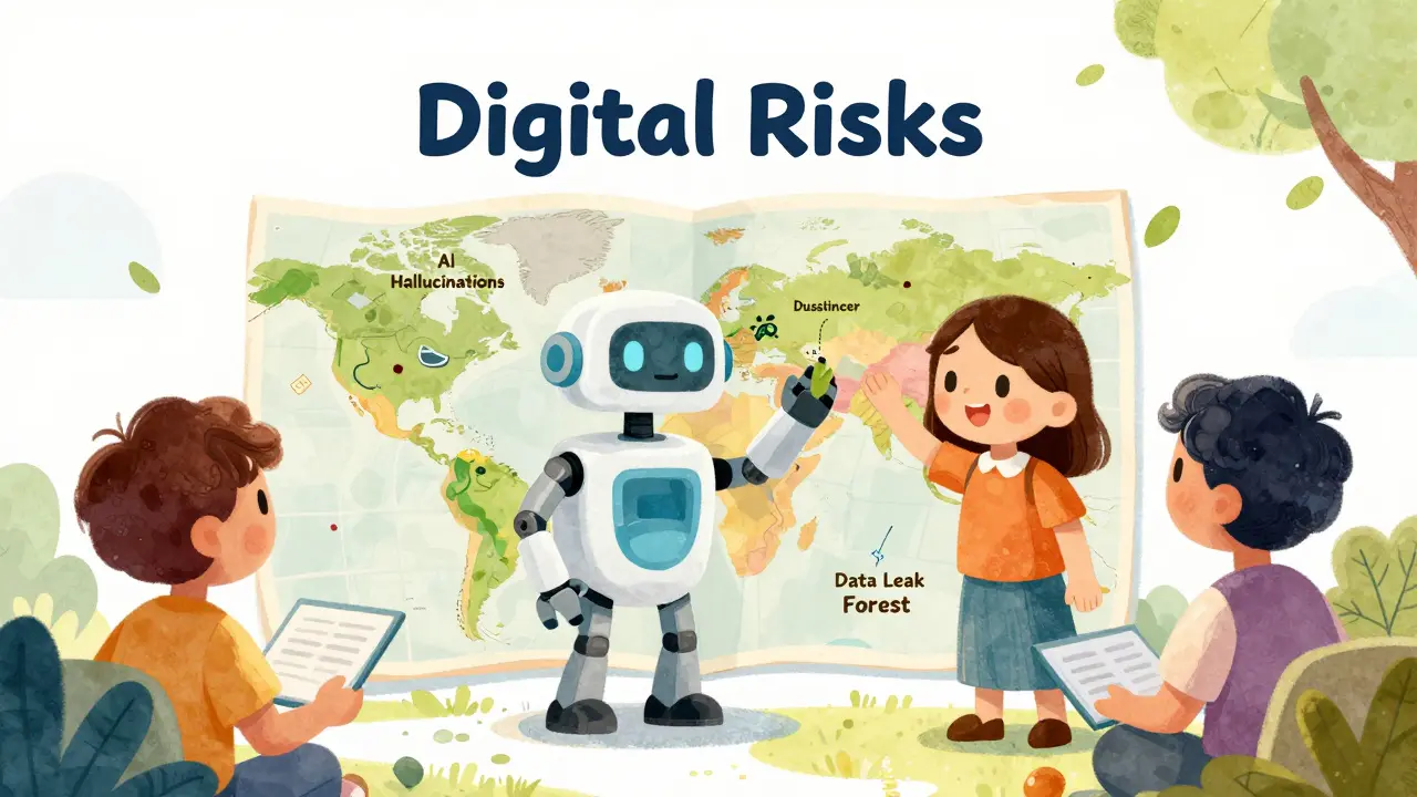 Робот-помощник и владелец бизнеса изучают карту цифровых рисков в ярких тонах.
