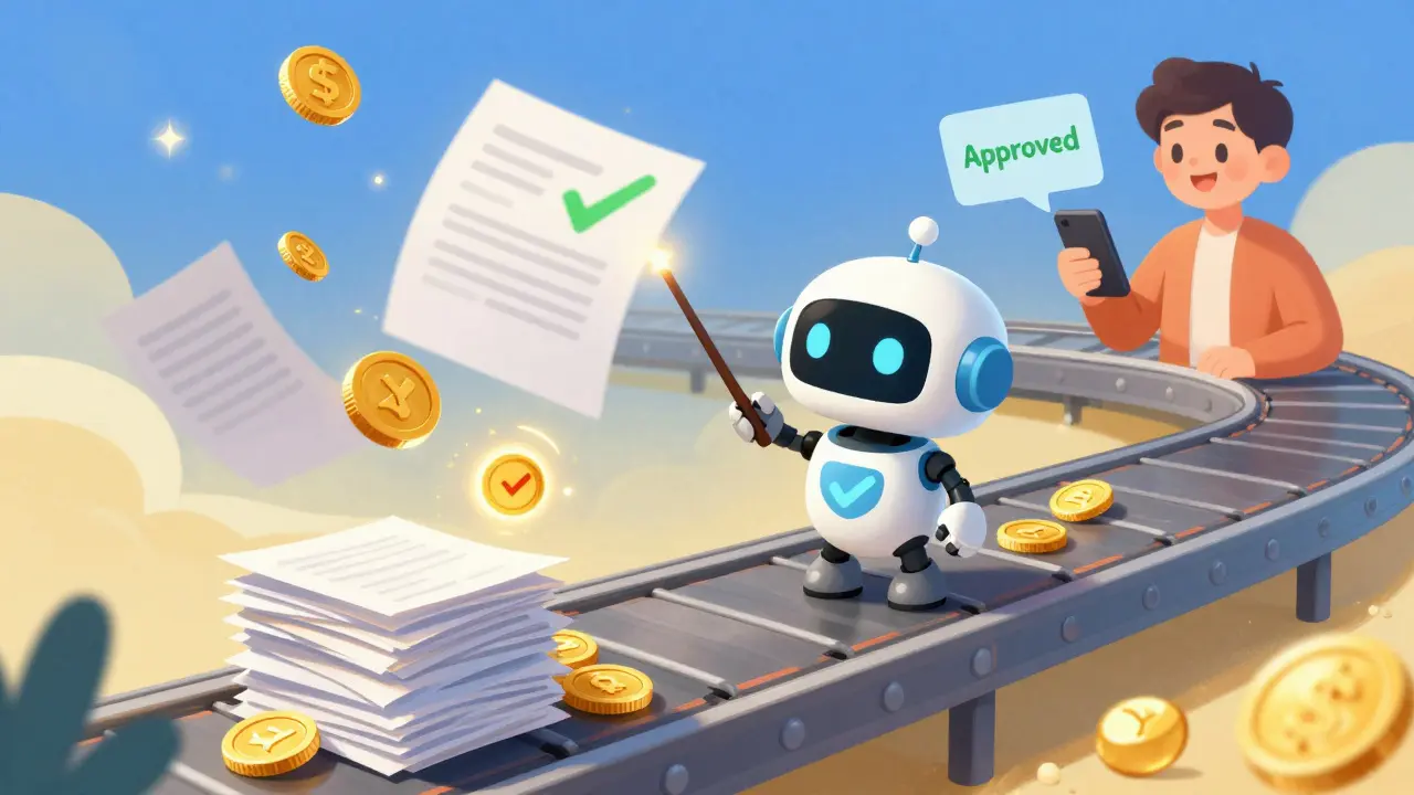 Робот-помощник превращает бумаги в выплаты на волшебном конвейере в иллюстративном стиле