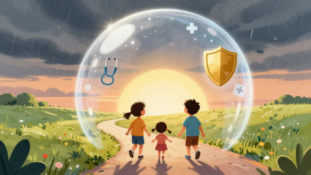 Счастливая семья под защитным прозрачным куполом страхового покрытия