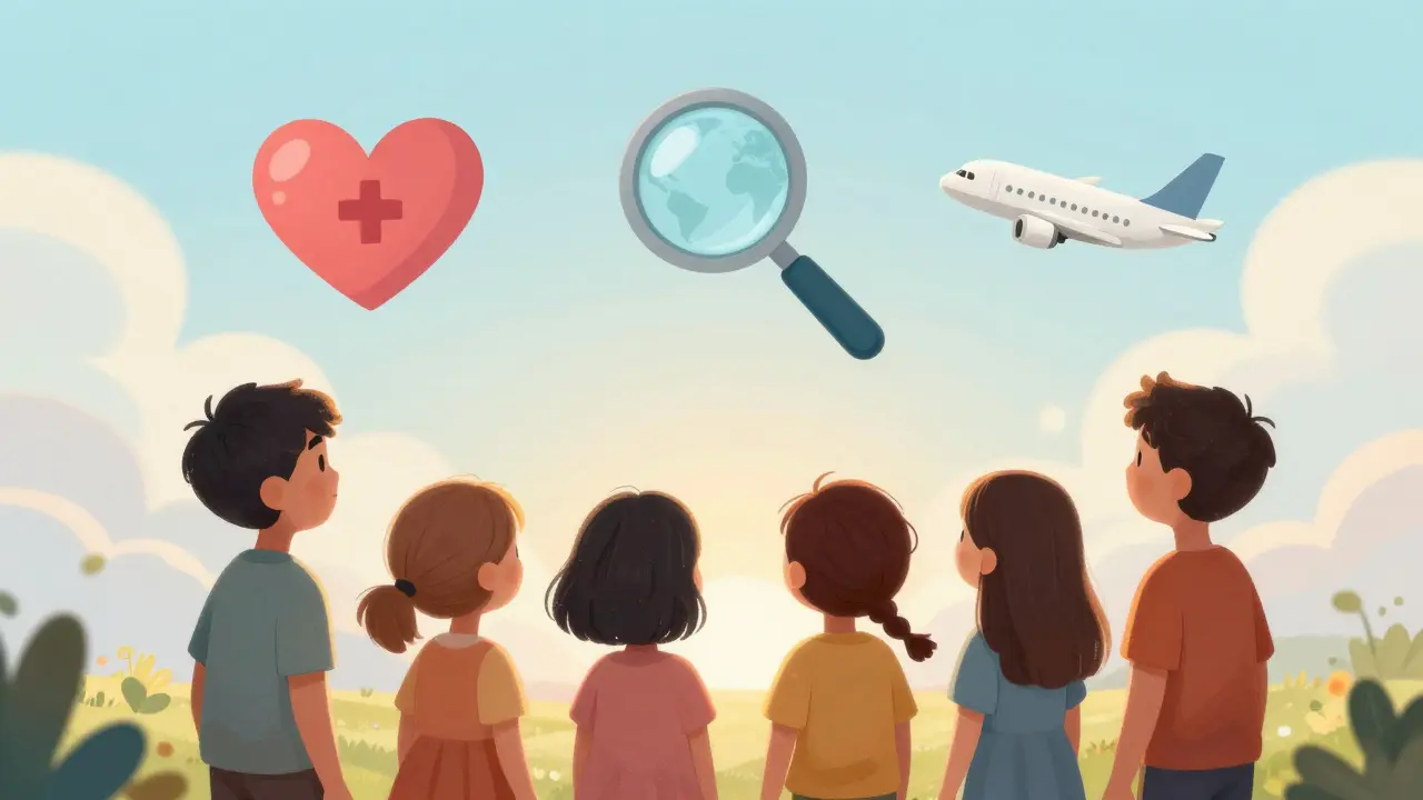 Счастливая семья смотрит в будущее с символами здоровья и глобальной медицинской помощи