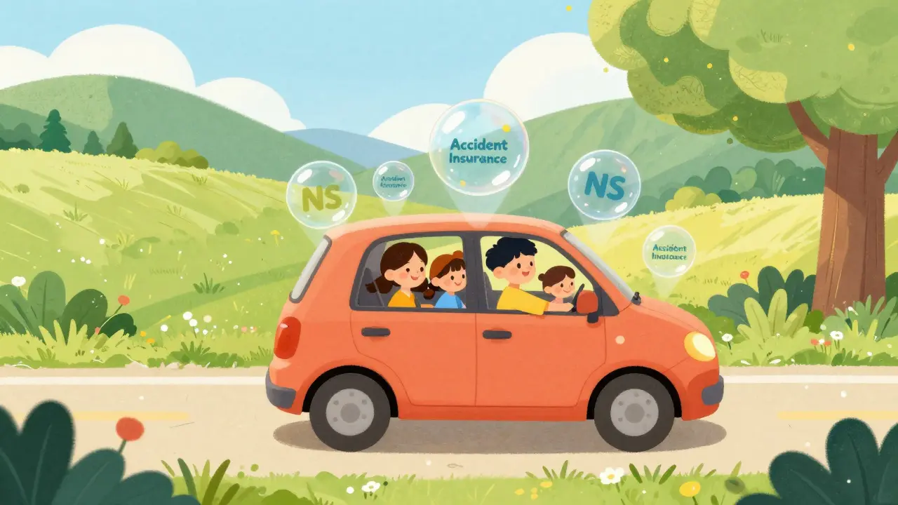 Счастливая семья в машине, окруженная защитными пузырями страхования от несчастных случаев.