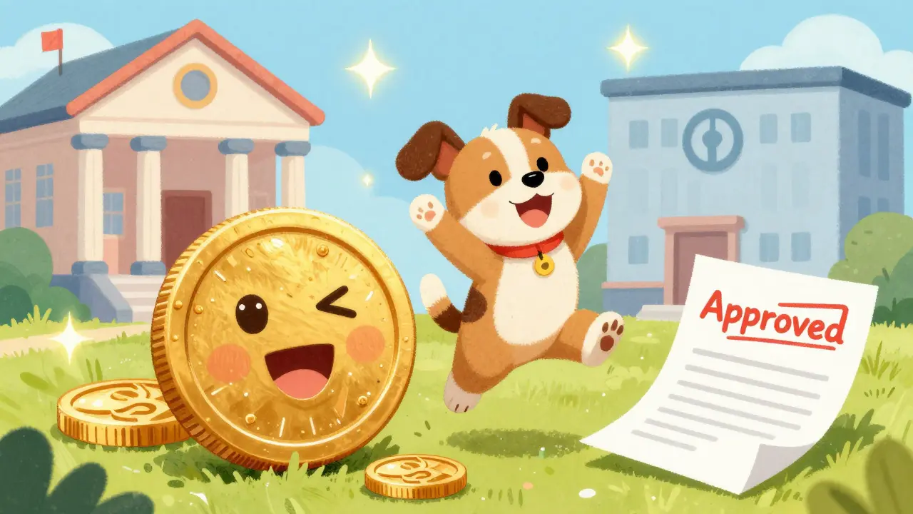 Счастливая собака и кот празднуют получение страховой выплаты на фоне зданий ведомств