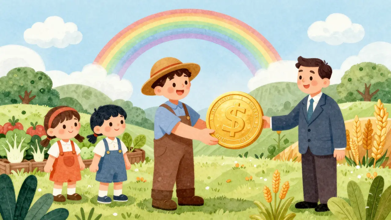 Счастливый фермер получает страховую выплату на фоне цветущего хозяйства