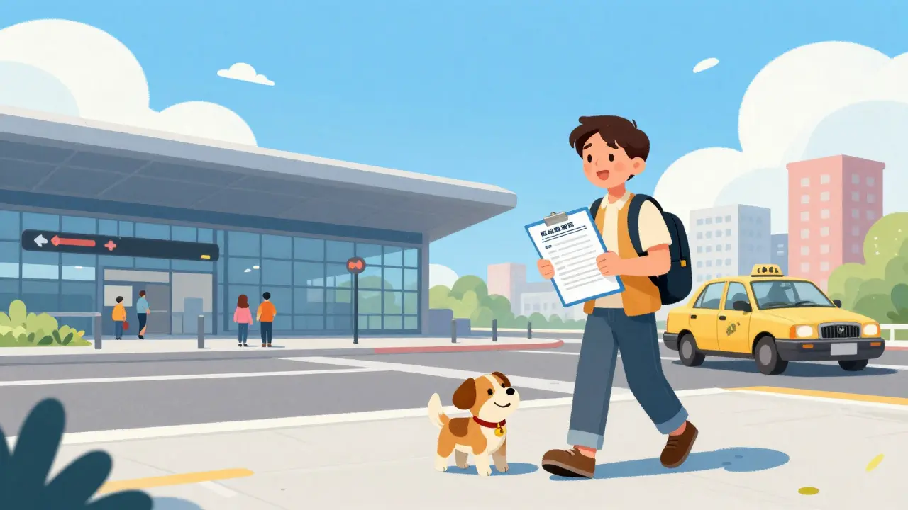 Счастливый владелец с собакой прибывают в новый город с документами