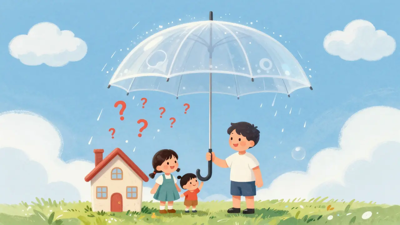 Семья и дом под защитным зонтом страхового полиса