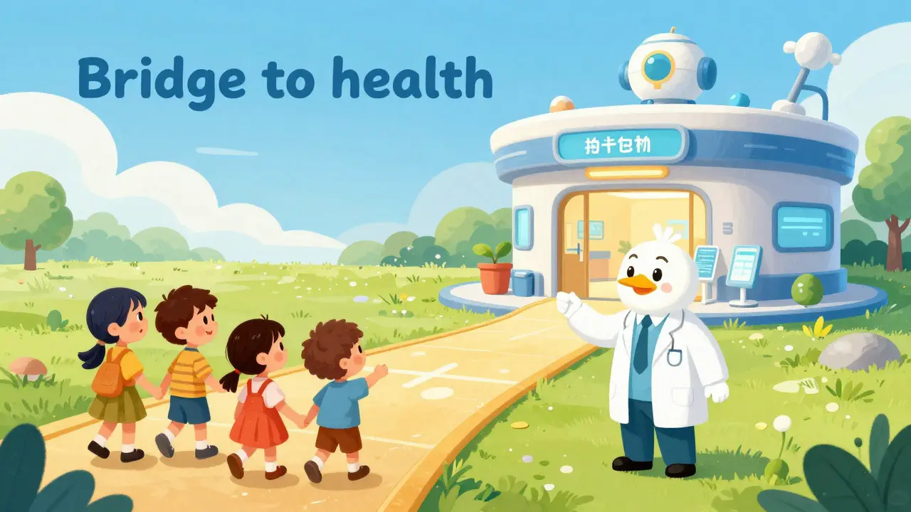 Семья переходит по золотому мосту к современному и дружелюбному медицинскому центру