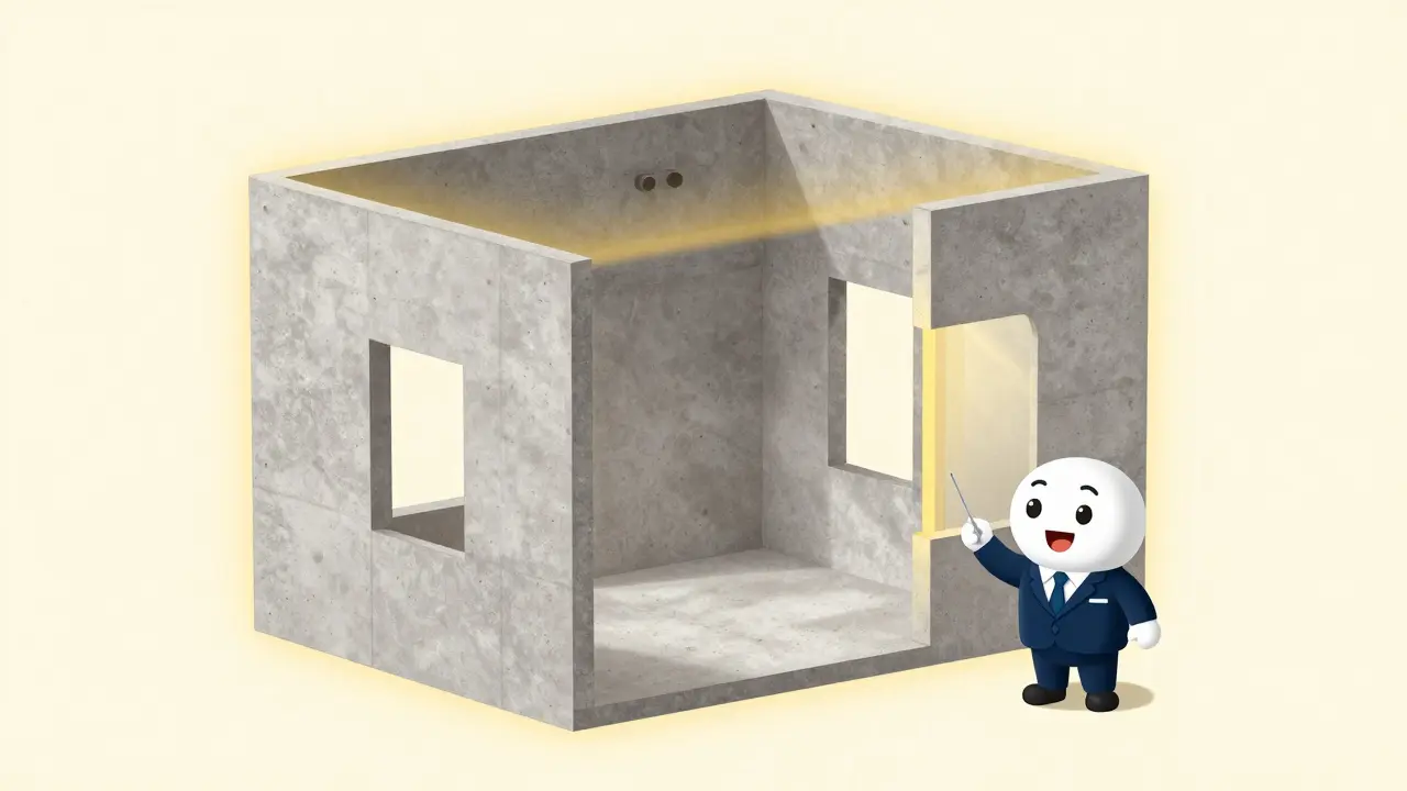 Схематичный вид квартиры с подсвеченными несущими стенами, символизирующими страховку