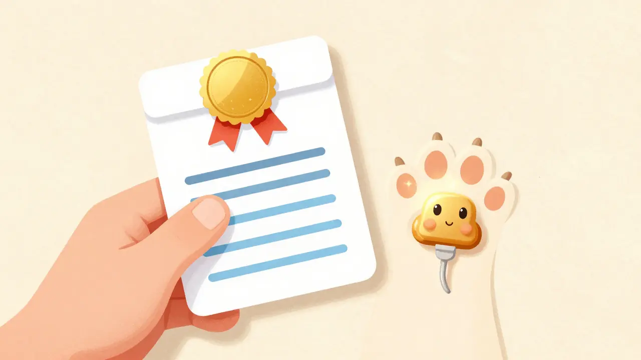 Стилизованный страховой полис и светящийся чип рядом с лапой питомца