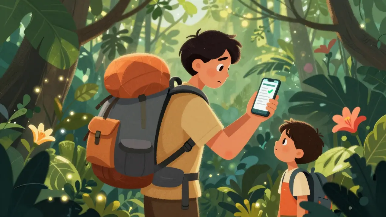 Турист с ребенком в джунглях использует приложение телемедицины для проверки здоровья