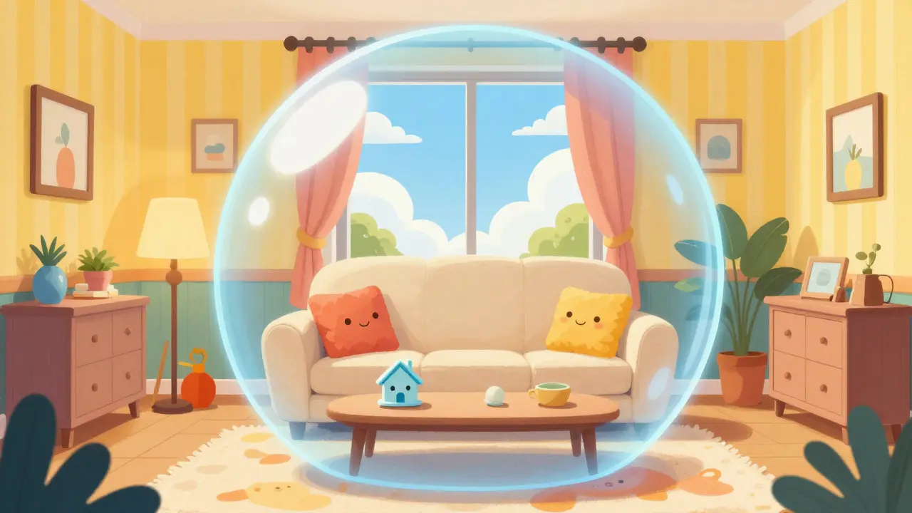 Уютная гостиная в защитном прозрачном пузыре, символизирующая страхование имущества