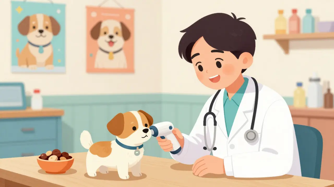 Ветеринар чипирует маленькую собаку в светлом кабинете