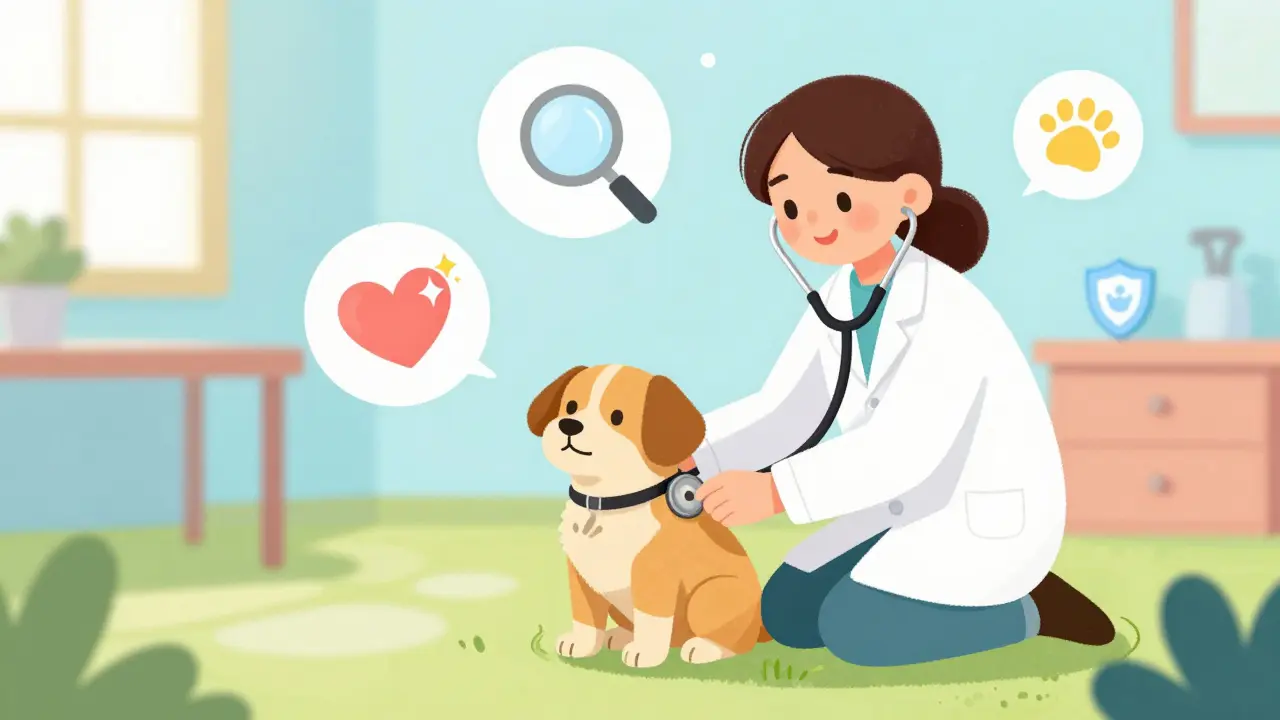 Ветеринар осматривает породистую собаку в светлой клинике с символами защиты