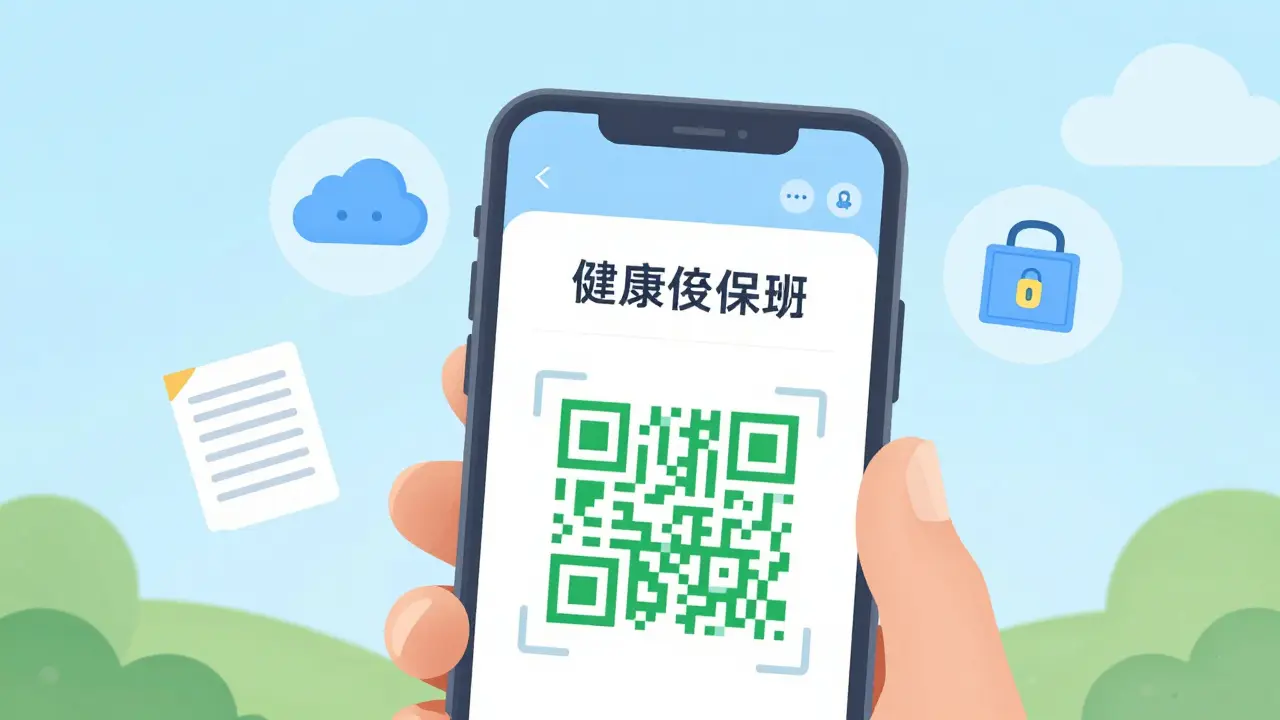 Смартфон с QR-кодом полиса и иконами резервного копирования