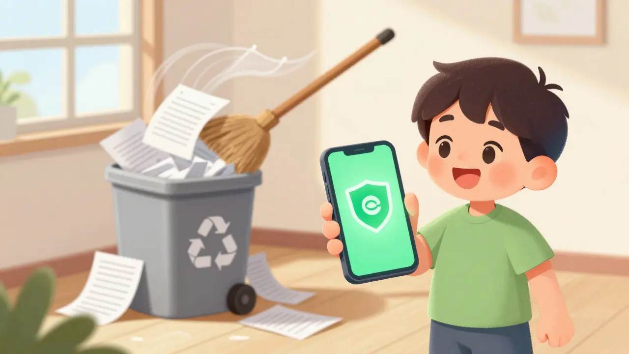 Человек со смартфоном с электронным полисом, бумажные документы улетают