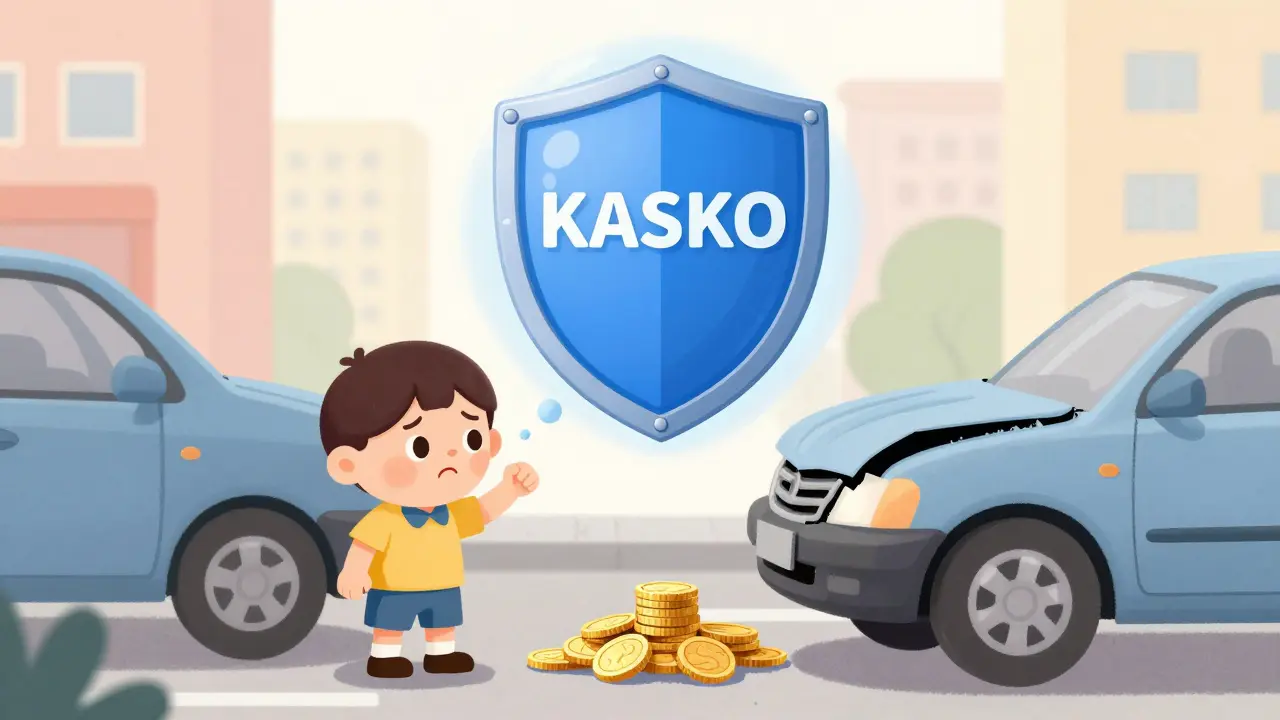 Мультяшный персонаж и символы страховки КАСКО с франшизой