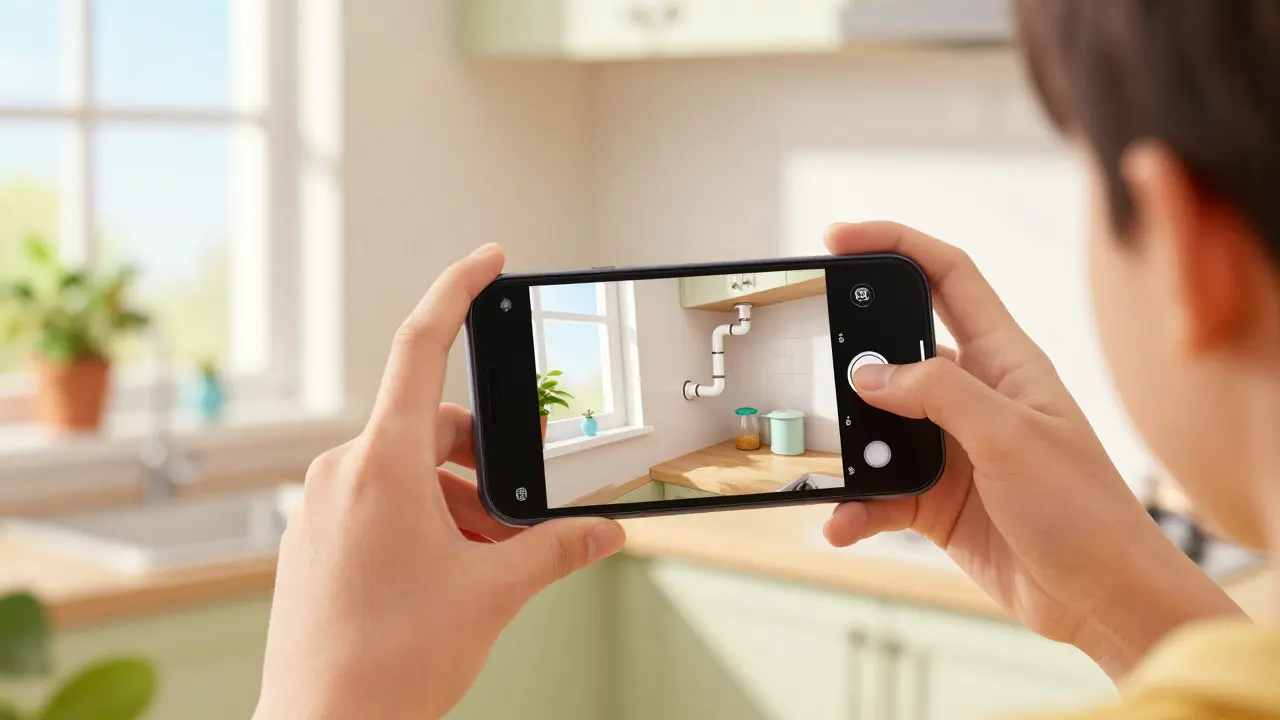 Рука фотографирует кухню со смартфоном для дистанционного осмотра квартиры